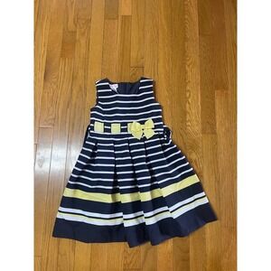 Jessica Ann Girls Navy Blue White Striped Sleeveless Dress Yellow Bow Size 5
